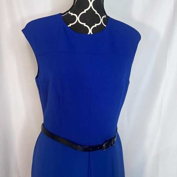 Kasper Bold Blue Sleeveless Belted Sheath Dress Career Professional Size 10P - Picture 4 of 11